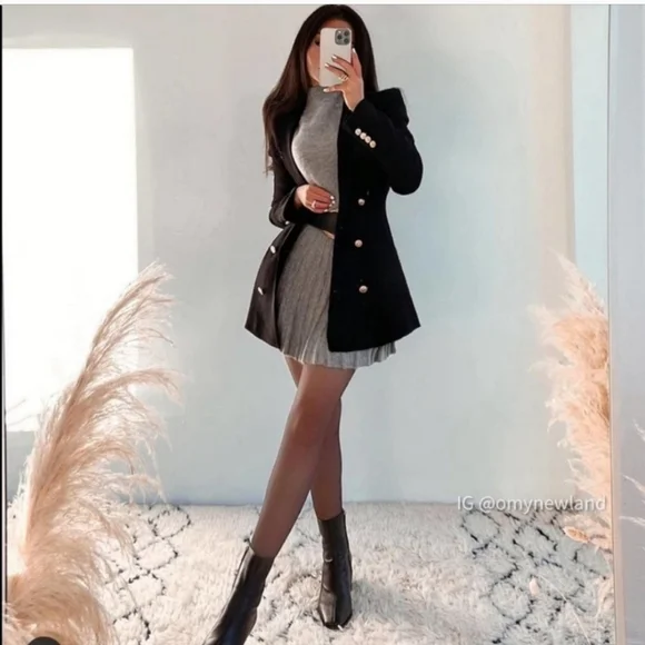 New Zara Black Shoulder Pad Double Breasted Blazer - Picture 5 of 16